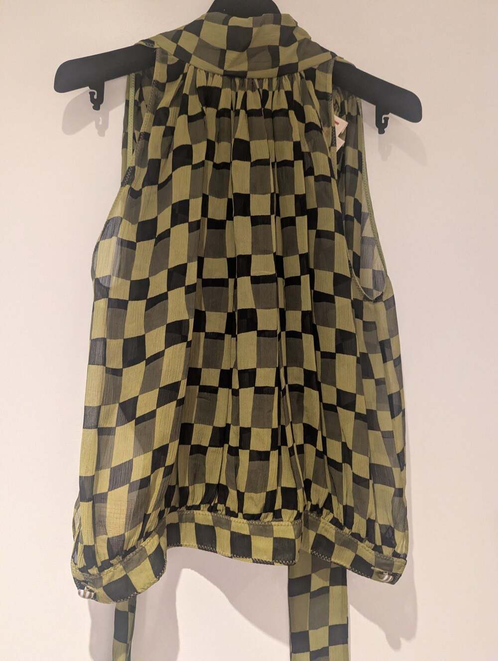 Marni Checkerboard Silk Georgette Sleeveless Bow Blouse - Picture 2 of 10